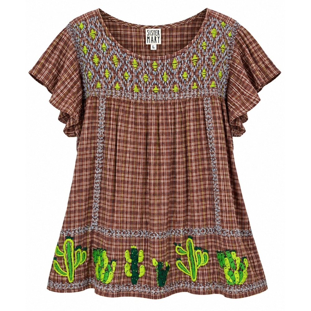 Sister Mary Embroidered Cactus Top Brown Green Plaid Cotton Short Sleeve L